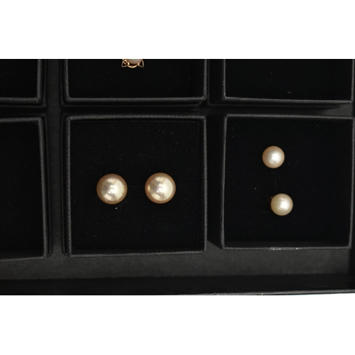 140 - A BOX OF ASSORTED EARRINGS, nine pairs in total, to include seven pairs of cultured pearl stud earri... 