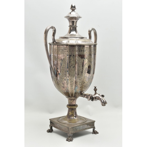 151 - A LATE VICTORIAN NEO CLASSICAL STYLE SILVER PLATED SAMOVAR, the twin handled urn with beaded rims, f... 