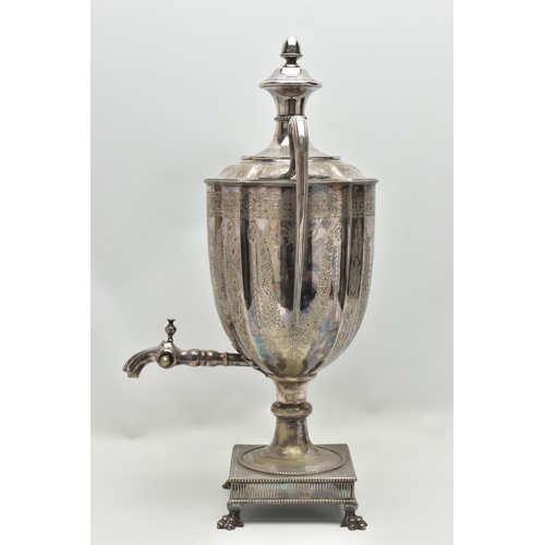 151 - A LATE VICTORIAN NEO CLASSICAL STYLE SILVER PLATED SAMOVAR, the twin handled urn with beaded rims, f... 