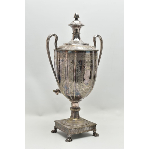 151 - A LATE VICTORIAN NEO CLASSICAL STYLE SILVER PLATED SAMOVAR, the twin handled urn with beaded rims, f... 