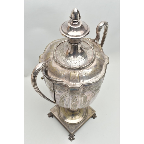 151 - A LATE VICTORIAN NEO CLASSICAL STYLE SILVER PLATED SAMOVAR, the twin handled urn with beaded rims, f... 