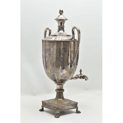 151 - A LATE VICTORIAN NEO CLASSICAL STYLE SILVER PLATED SAMOVAR, the twin handled urn with beaded rims, f... 