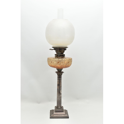 152 - A LATE VICTORIAN / EDWARDIAN SILVER BASED OIL LAMP, with globular etched glass shade and a chimney, ... 