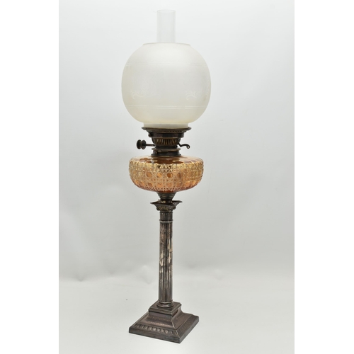 152 - A LATE VICTORIAN / EDWARDIAN SILVER BASED OIL LAMP, with globular etched glass shade and a chimney, ... 