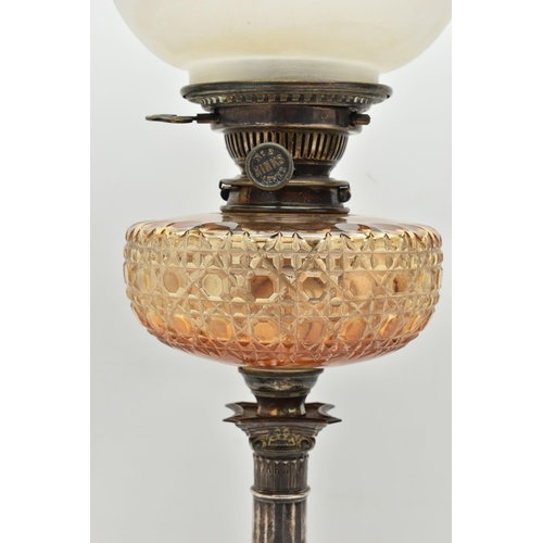 152 - A LATE VICTORIAN / EDWARDIAN SILVER BASED OIL LAMP, with globular etched glass shade and a chimney, ... 