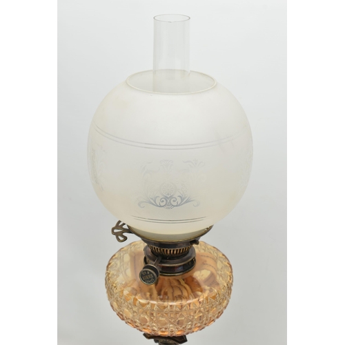 152 - A LATE VICTORIAN / EDWARDIAN SILVER BASED OIL LAMP, with globular etched glass shade and a chimney, ... 