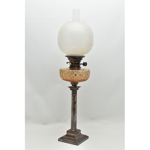 152 - A LATE VICTORIAN / EDWARDIAN SILVER BASED OIL LAMP, with globular etched glass shade and a chimney, ... 