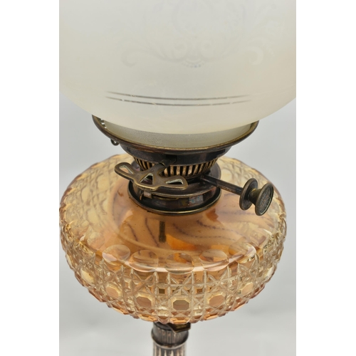 152 - A LATE VICTORIAN / EDWARDIAN SILVER BASED OIL LAMP, with globular etched glass shade and a chimney, ... 