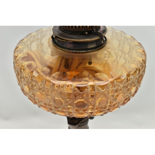 152 - A LATE VICTORIAN / EDWARDIAN SILVER BASED OIL LAMP, with globular etched glass shade and a chimney, ... 