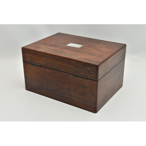 157 - A VICTORIAN ROSEWOOD TOILET BOX OF RECTANGULAR FORM, inlaid with mother of pearl escutcheon and cart... 