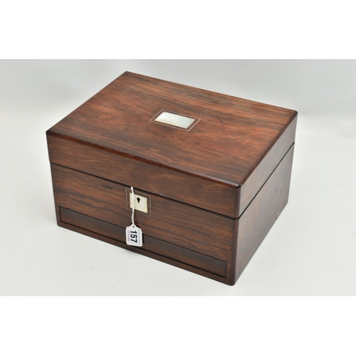 157 - A VICTORIAN ROSEWOOD TOILET BOX OF RECTANGULAR FORM, inlaid with mother of pearl escutcheon and cart... 