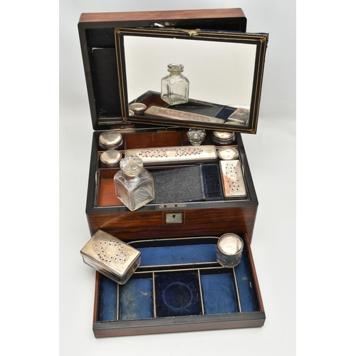 157 - A VICTORIAN ROSEWOOD TOILET BOX OF RECTANGULAR FORM, inlaid with mother of pearl escutcheon and cart... 