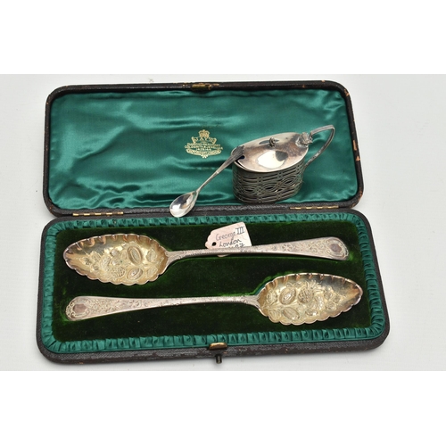 159 - A PAIR OF CASED GEORGE III SILVER BERRY SPOONS AND AN EDWARDIAN SILVER MUSTARD POT, the pair of spoo... 