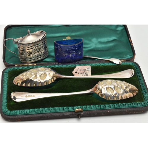 159 - A PAIR OF CASED GEORGE III SILVER BERRY SPOONS AND AN EDWARDIAN SILVER MUSTARD POT, the pair of spoo... 