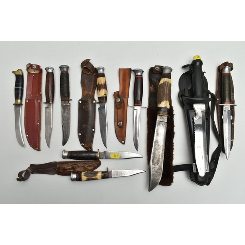 161 - SIX SHEATHED HUNTING KNIVES, THREE FURTHER HUNTING KNIVES AND A SHEATHED NEMROD DIVER'S KNIFE, the h... 