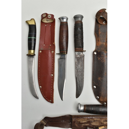 161 - SIX SHEATHED HUNTING KNIVES, THREE FURTHER HUNTING KNIVES AND A SHEATHED NEMROD DIVER'S KNIFE, the h... 