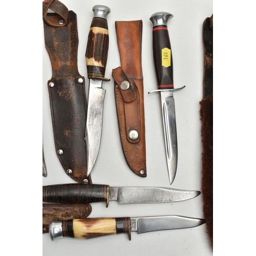 161 - SIX SHEATHED HUNTING KNIVES, THREE FURTHER HUNTING KNIVES AND A SHEATHED NEMROD DIVER'S KNIFE, the h... 