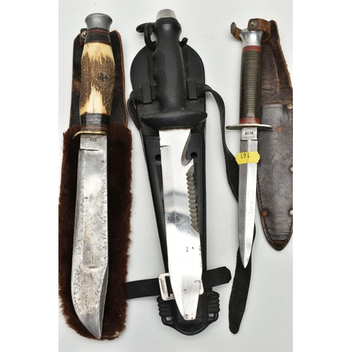 161 - SIX SHEATHED HUNTING KNIVES, THREE FURTHER HUNTING KNIVES AND A SHEATHED NEMROD DIVER'S KNIFE, the h... 