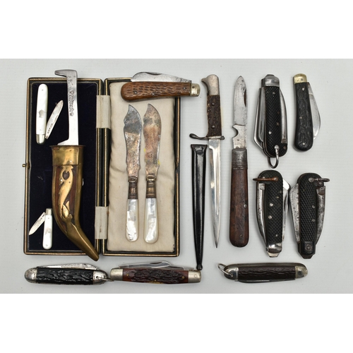 163 - A BOX OF POCKET AND OTHER KNIVES, including two mother of pearl folding fruit knives with silver bla... 