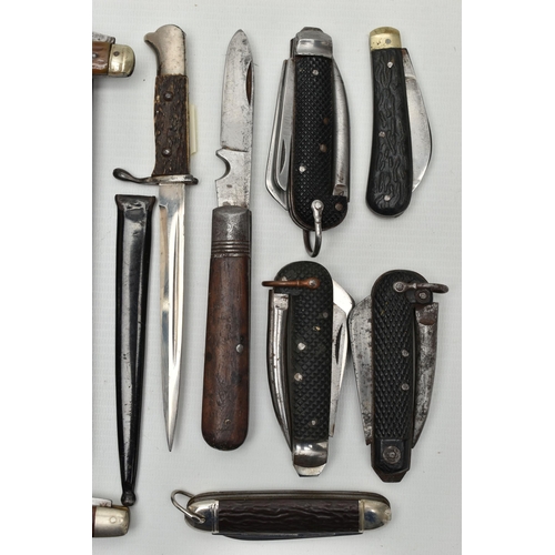 163 - A BOX OF POCKET AND OTHER KNIVES, including two mother of pearl folding fruit knives with silver bla... 