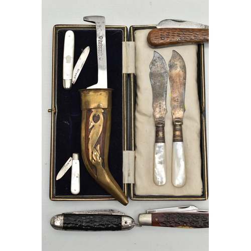 163 - A BOX OF POCKET AND OTHER KNIVES, including two mother of pearl folding fruit knives with silver bla... 