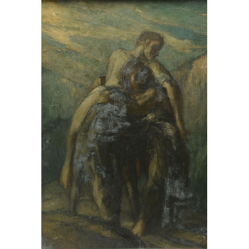 303 - ATTRIBUTED TO CHARLES RICKETTS (1866-1931) 'THE GOOD SAMARITAN', two figures on a path, one supporti... 