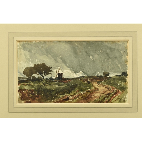 308 - EDMUND MORISON WIMPERIS (1835-1900) STORMY LANDSCAPE WITH WINDMILL, a landscape study with pathway, ... 