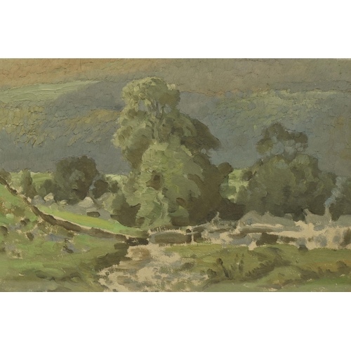 312 - JOHN ALFRED HAGGIS (1897-1968) 'BUCKDEN IN WHARFEDALE', a Yorkshire landscape with trees, signed bot... 