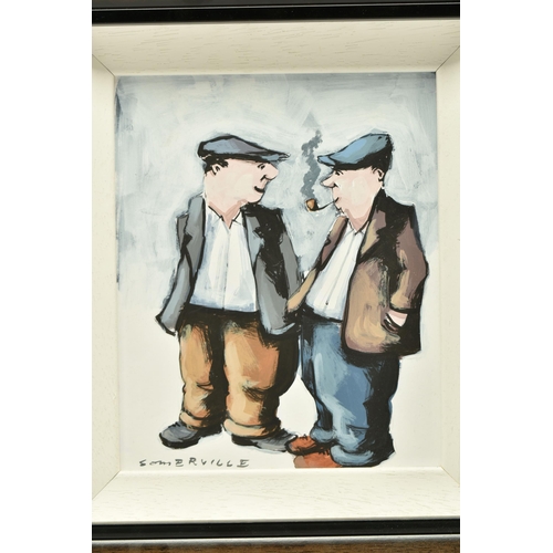 323 - GEORGE SOMERVILLE (SCOTLAND 1947) TWO FLAT CAPPED GENTLEMEN IN CONVERSATION, one is smoking a pipe, ... 