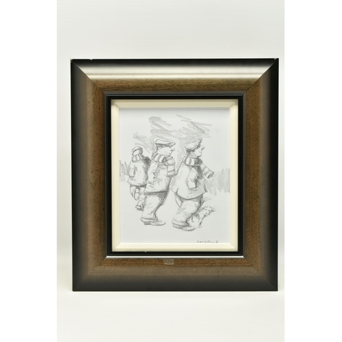 324 - GEORGE SOMERVILLE (SCOTLAND 1947) A SKETCH OF THREE MALE FIGURES WEARING FOOTBALL SCARVES, signed bo... 