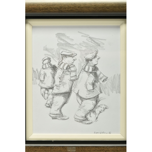 324 - GEORGE SOMERVILLE (SCOTLAND 1947) A SKETCH OF THREE MALE FIGURES WEARING FOOTBALL SCARVES, signed bo... 