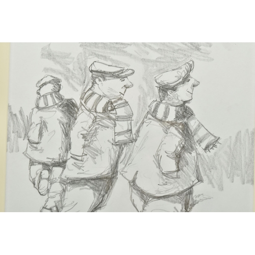 324 - GEORGE SOMERVILLE (SCOTLAND 1947) A SKETCH OF THREE MALE FIGURES WEARING FOOTBALL SCARVES, signed bo... 