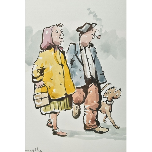 325 - GEORGE SOMERVILLE (SCOTLAND 1947) MALE AND FEMALE FIGURES WALKING THEIR DOG, signed bottom left, pen... 