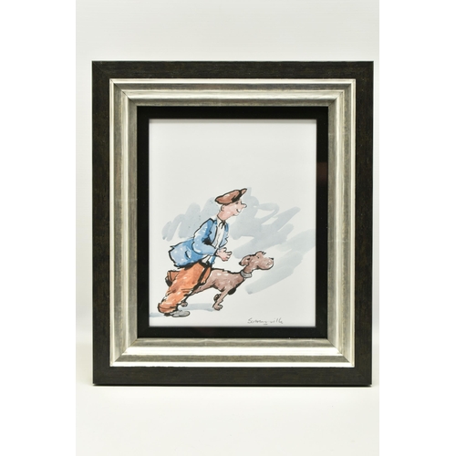 327 - GEORGE SOMERVILLE (SCOTLAND 1947) A MALE FIGURE WEARING A FLAT CAP IS WALKING HIS DOG, signed bottom... 