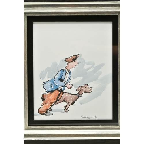 327 - GEORGE SOMERVILLE (SCOTLAND 1947) A MALE FIGURE WEARING A FLAT CAP IS WALKING HIS DOG, signed bottom... 