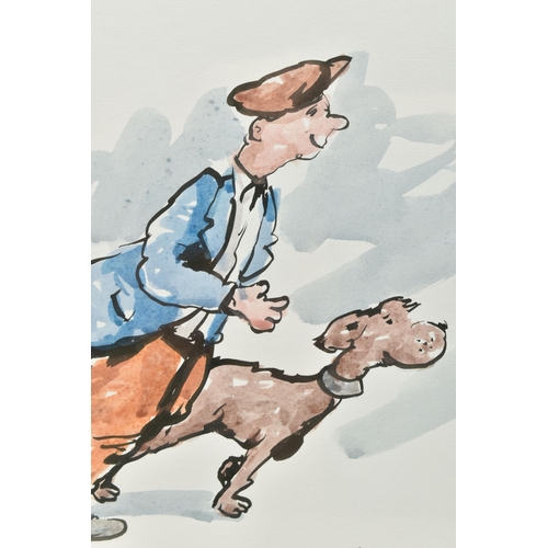 327 - GEORGE SOMERVILLE (SCOTLAND 1947) A MALE FIGURE WEARING A FLAT CAP IS WALKING HIS DOG, signed bottom... 