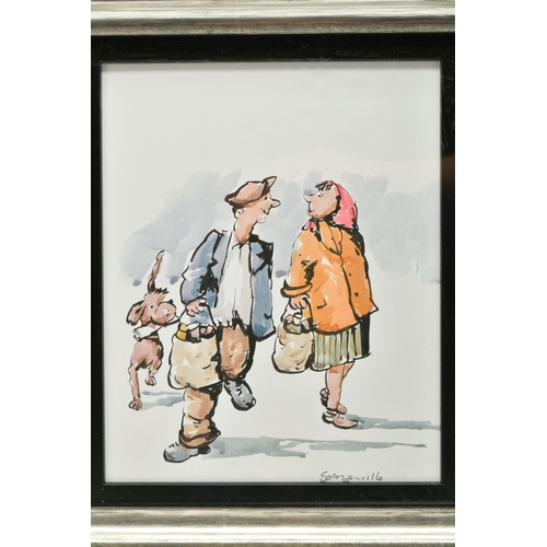 328 - GEORGE SOMERVILLE (SCOTLAND 1947) MALE AND FEMALE FIGURES RETURNING FROM THE SHOPS WITH THEIR DOG, s... 