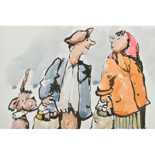 328 - GEORGE SOMERVILLE (SCOTLAND 1947) MALE AND FEMALE FIGURES RETURNING FROM THE SHOPS WITH THEIR DOG, s... 