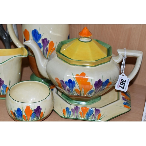 367 - FIVE PIECES OF CLARICE CLIFF 'CROCUS' PATTERN TEA WARES, for Wilkinson's Ltd and Newport Pottery, co... 