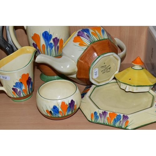 367 - FIVE PIECES OF CLARICE CLIFF 'CROCUS' PATTERN TEA WARES, for Wilkinson's Ltd and Newport Pottery, co... 