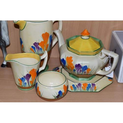 367 - FIVE PIECES OF CLARICE CLIFF 'CROCUS' PATTERN TEA WARES, for Wilkinson's Ltd and Newport Pottery, co... 