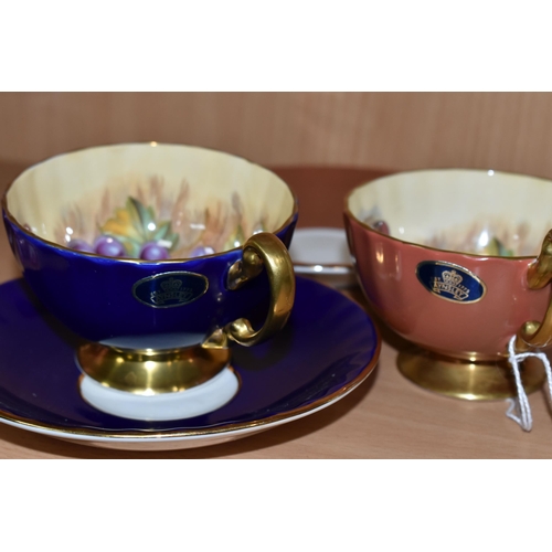 370 - TWO AYNSLEY ORCHARD GOLD TEACUPS AND SAUCERS, each teacup having interior Orchard Gold pattern decor... 