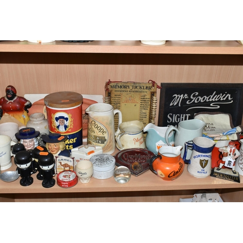 389 - A COLLECTION OF ADVERTISING CERAMICS AND SIGNS, comprising a tinplate 'Memory Tickler' kitchen shopp... 