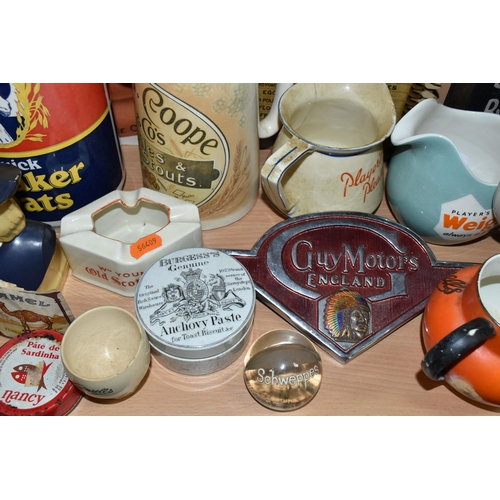 389 - A COLLECTION OF ADVERTISING CERAMICS AND SIGNS, comprising a tinplate 'Memory Tickler' kitchen shopp... 