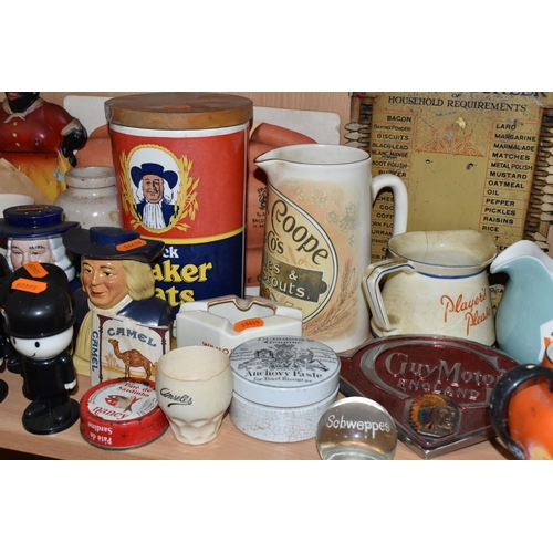 389 - A COLLECTION OF ADVERTISING CERAMICS AND SIGNS, comprising a tinplate 'Memory Tickler' kitchen shopp... 