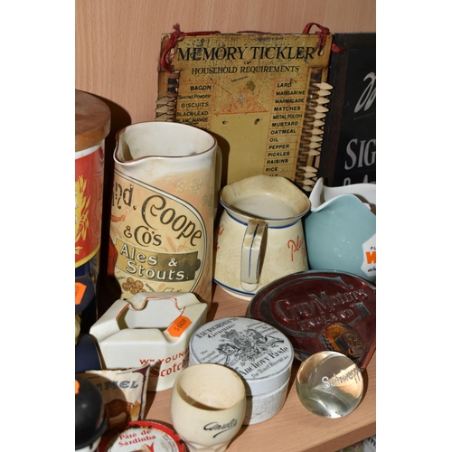 389 - A COLLECTION OF ADVERTISING CERAMICS AND SIGNS, comprising a tinplate 'Memory Tickler' kitchen shopp... 