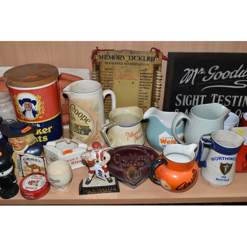 389 - A COLLECTION OF ADVERTISING CERAMICS AND SIGNS, comprising a tinplate 'Memory Tickler' kitchen shopp... 