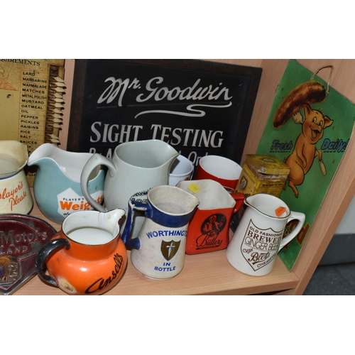 389 - A COLLECTION OF ADVERTISING CERAMICS AND SIGNS, comprising a tinplate 'Memory Tickler' kitchen shopp... 