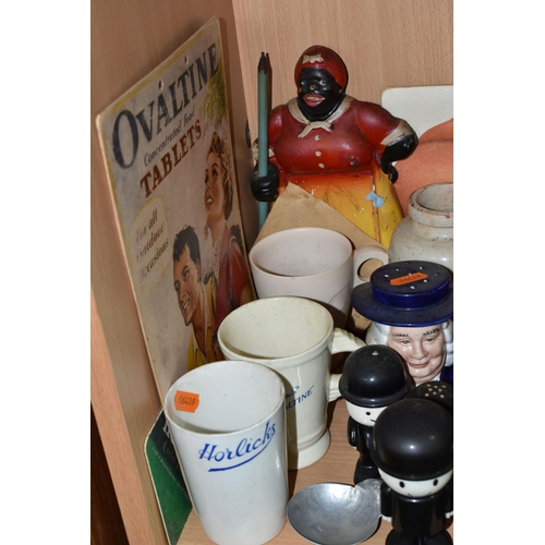 389 - A COLLECTION OF ADVERTISING CERAMICS AND SIGNS, comprising a tinplate 'Memory Tickler' kitchen shopp... 