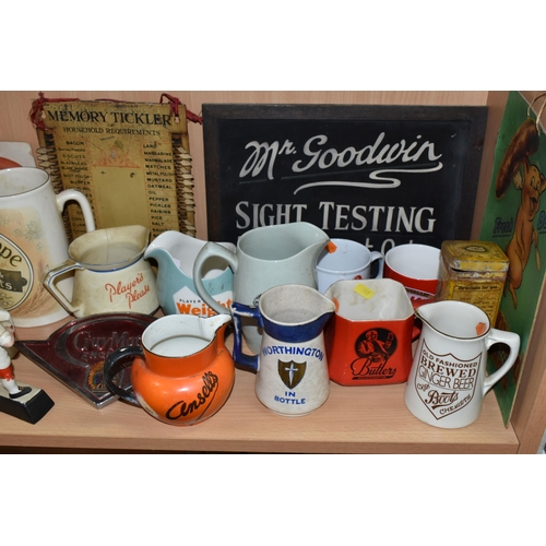 389 - A COLLECTION OF ADVERTISING CERAMICS AND SIGNS, comprising a tinplate 'Memory Tickler' kitchen shopp... 